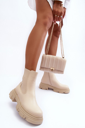 Leather Ankle Boots With Flat Heel and Platform Light Beige Solita 2