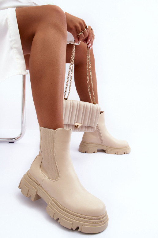 Leather Ankle Boots With Flat Heel and Platform Light Beige Solita