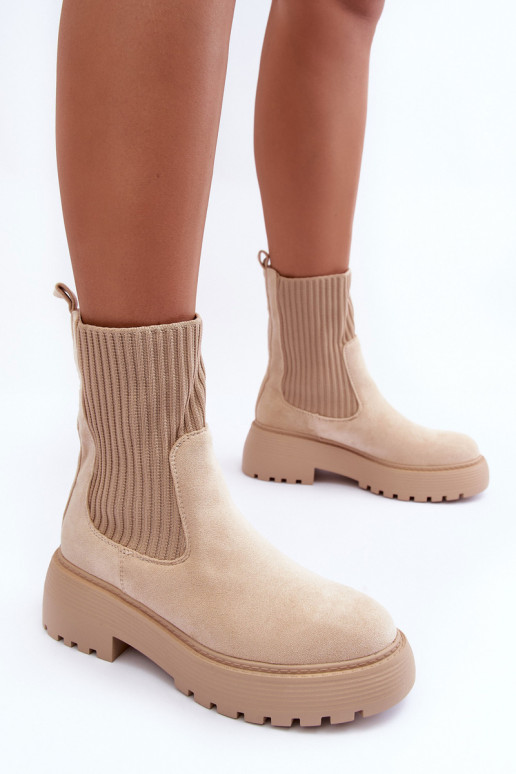 Elastic Insert Suede Boots Beige Anyfer