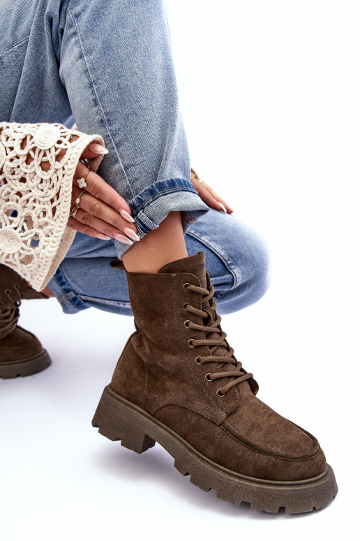 Zamszowe Botki Trapery Ocieplane Na Płaskim Obcasie Ciemnozielone Zikey