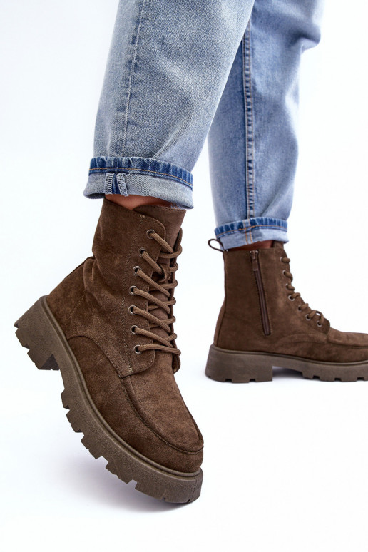 Suede Trapper Boots With Fleece Lining And Flat Heel Dark Green Zikey