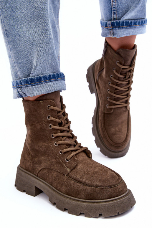 Suede Trapper Boots With Fleece Lining And Flat Heel Dark Green Zikey