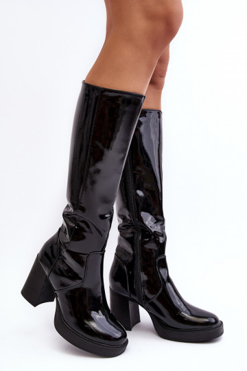 Women's Patent-Leather Boots On Heel Black Efatina 2