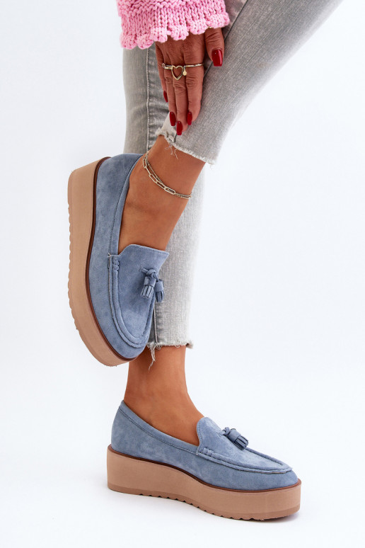 Women's Platform Moccasins with Fringes Blue Mialani