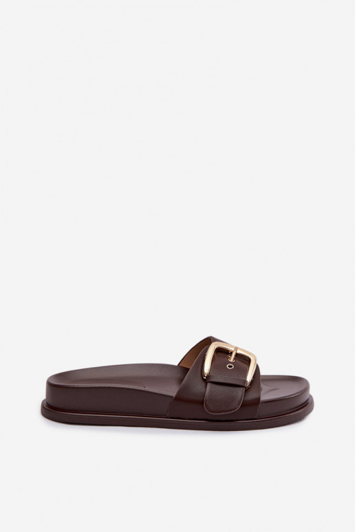 Klapki Damskie Ze Złotą Klamrą Czekoladowe Rosivana