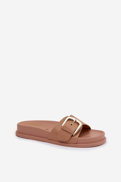 Women's Dark Beige Slides With Gold Buckle Rosivana