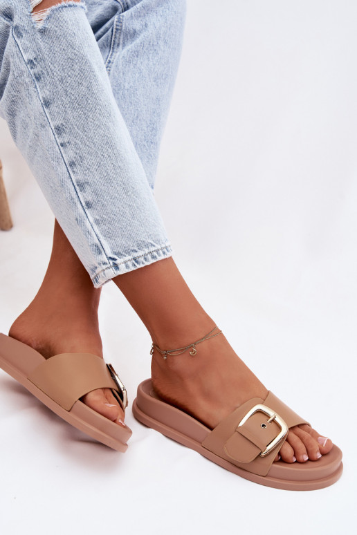 Women's Dark Beige Slides With Gold Buckle Rosivana