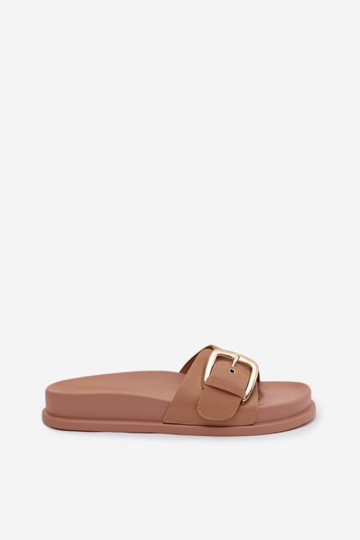 Women's Dark Beige Slides With Gold Buckle Rosivana