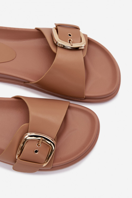 Klapki Damskie Ze Złotą Klamrą Ciemnobeżowe Rosivana