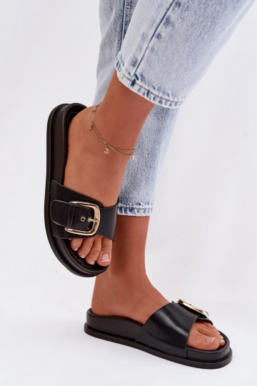 Women's Black Slippers With Gold Buckle Rosivana