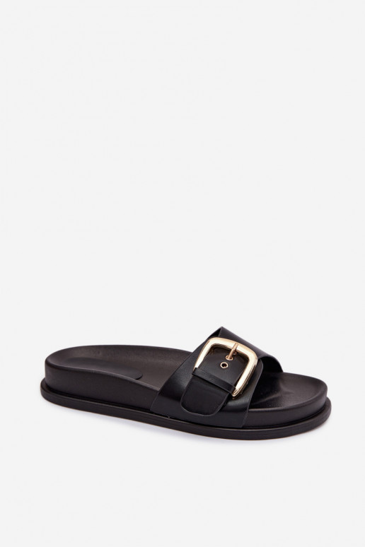 Women's Black Slippers With Gold Buckle Rosivana