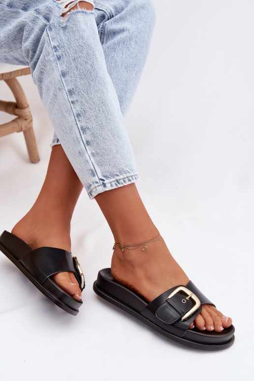 Women's Black Slippers With Gold Buckle Rosivana
