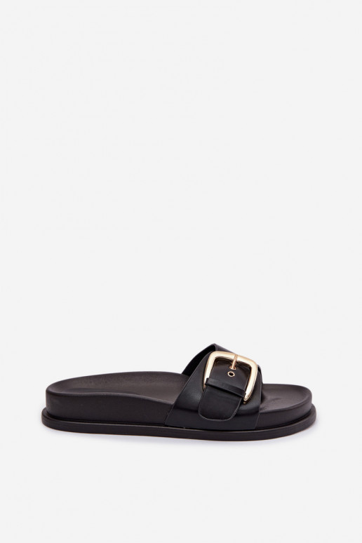 Women's Black Slippers With Gold Buckle Rosivana