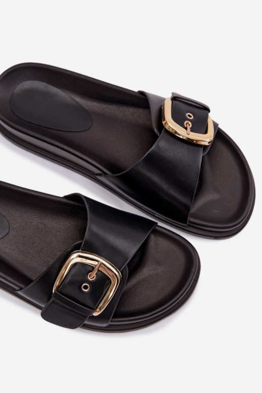 Women's Black Slippers With Gold Buckle Rosivana
