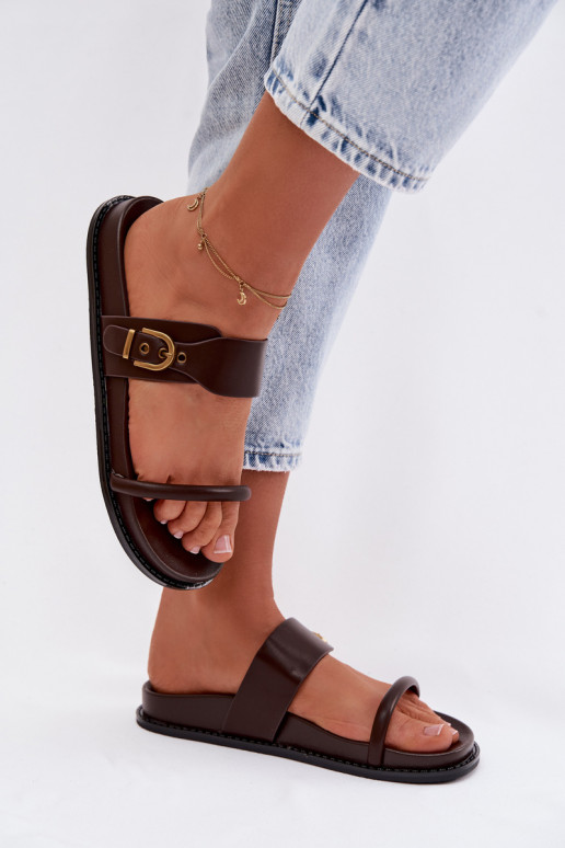Women's Chocolate Slippers With Gold Buckle Sarilisse