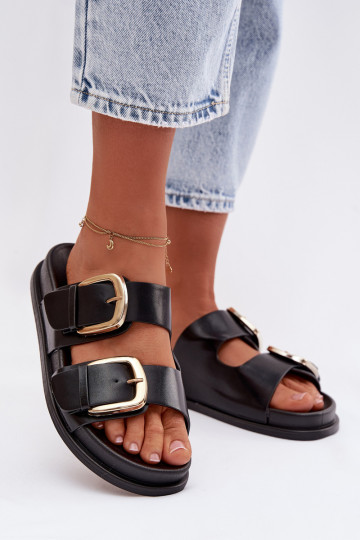 Women's Eco Leather Slippers With Gold Clips Black Tervessa 2