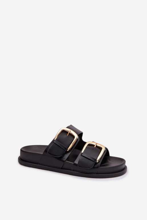 Women's Eco Leather Slippers With Gold Clips Black Tervessa