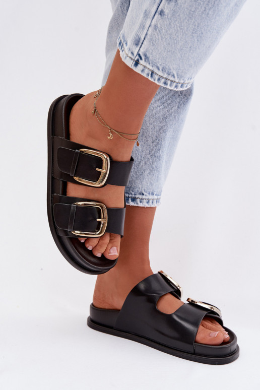 Klapki Damskie Eko Skórzane Ze Złotymi Klamrami Czarne Tervessa