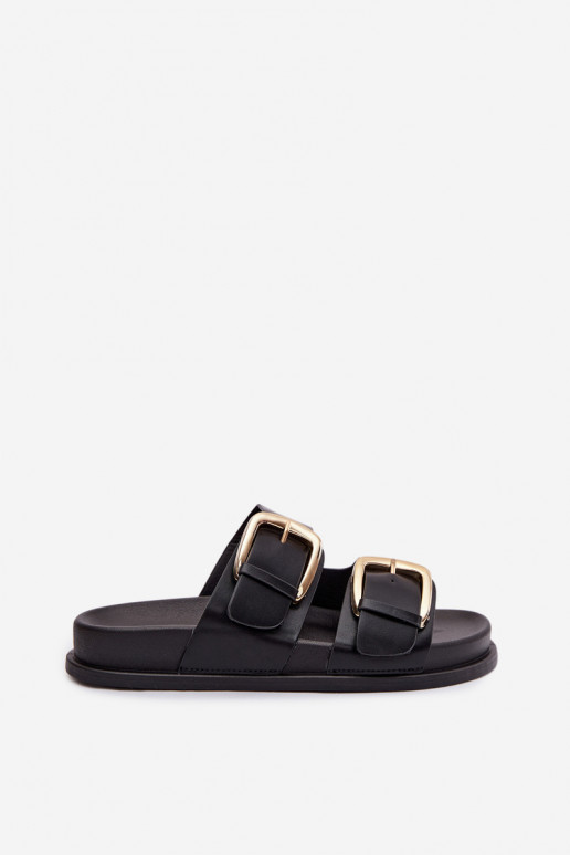 Women's Eco Leather Slippers With Gold Clips Black Tervessa