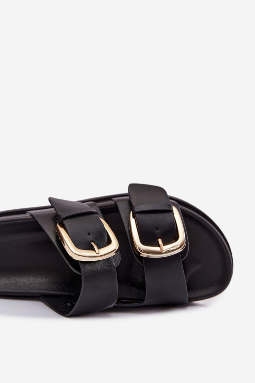 Women's Eco Leather Slippers With Gold Clips Black Tervessa