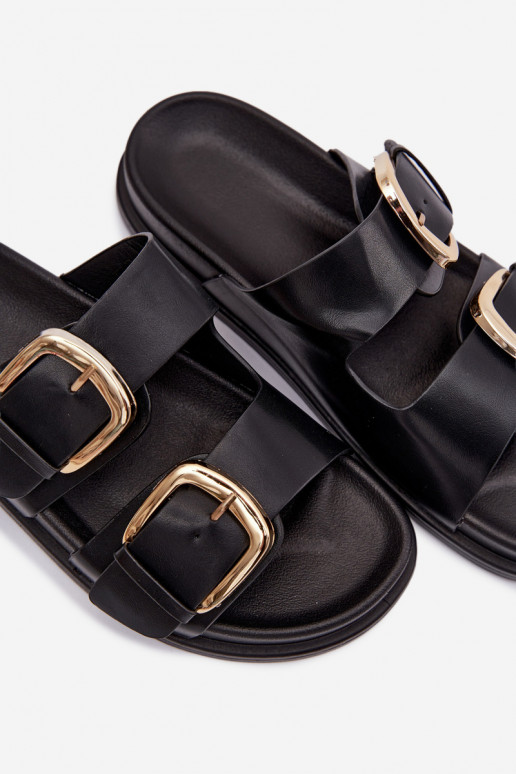Women's Eco Leather Slippers With Gold Clips Black Tervessa