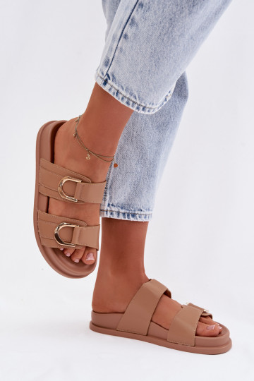 Eco Leather Women's Slides With Straps Dark Beige Rosinessa