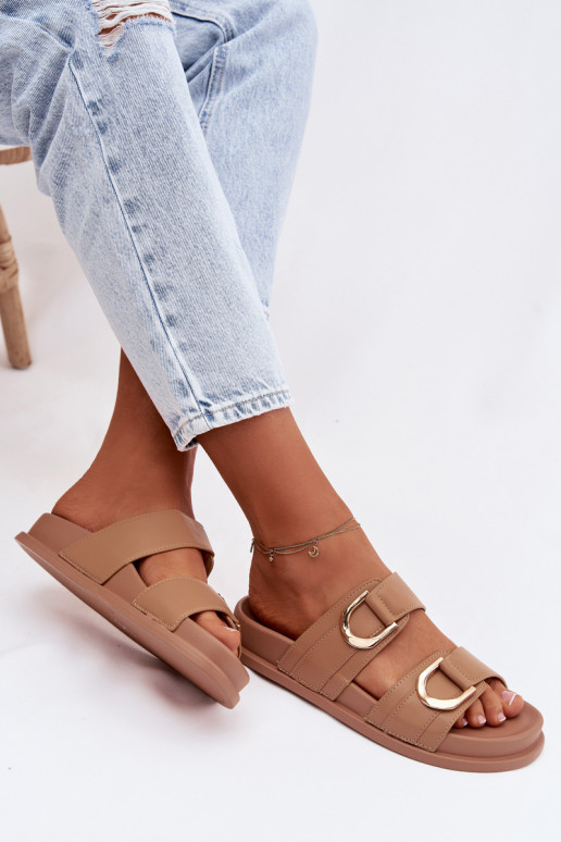 Eco Leather Women's Slides With Straps Dark Beige Rosinessa