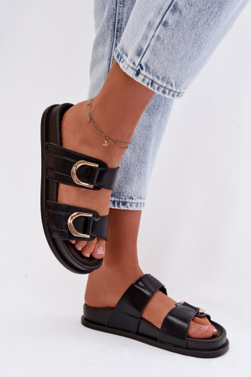 Eco Leather Women's Flat Black Slides With Straps Rosinessa