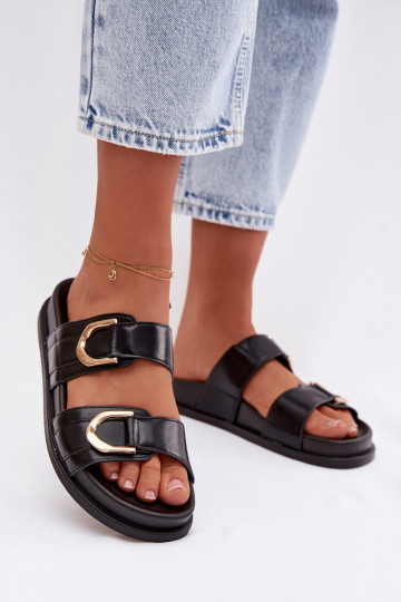 Eco Leather Women's Flat Black Slides With Straps Rosinessa 2