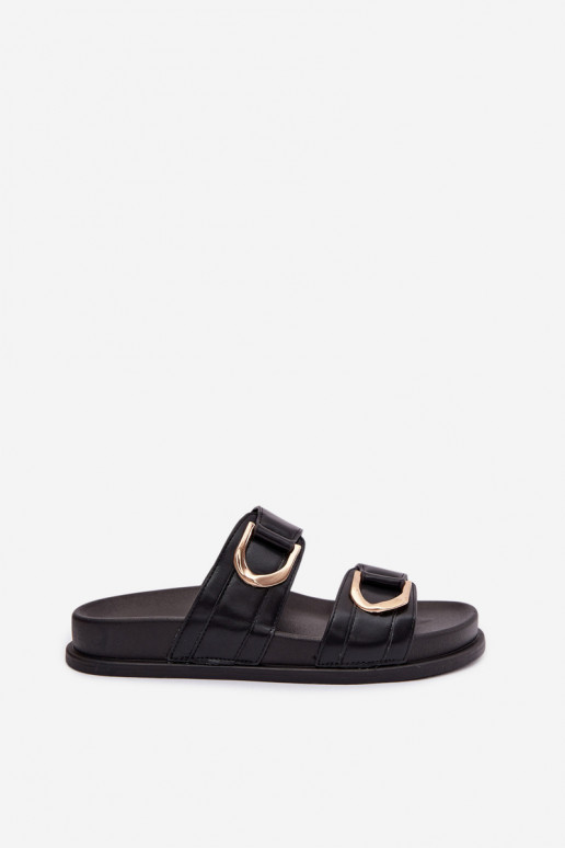 Eco Leather Women's Flat Black Slides With Straps Rosinessa