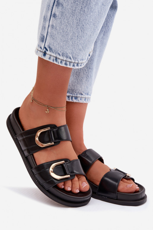 Eco Leather Women's Flat Black Slides With Straps Rosinessa