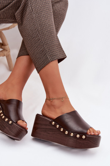 Women's Platform and Wedge Sandals With Gold Studs Chocolate Farinelle