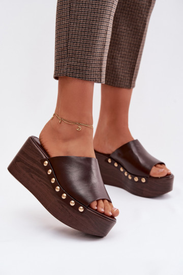 Women's Platform and Wedge Sandals With Gold Studs Chocolate Farinelle 2