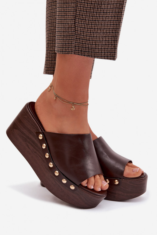 Women's Platform and Wedge Sandals With Gold Studs Chocolate Farinelle