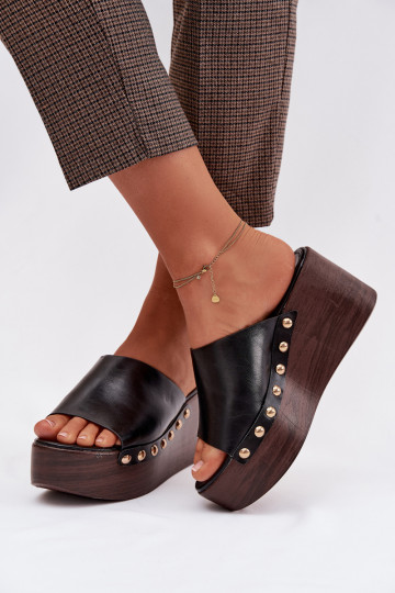 Women's Platform Wedges with Gold Buckles Black Farinelle