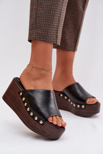Women's Platform Wedges with Gold Buckles Black Farinelle 2