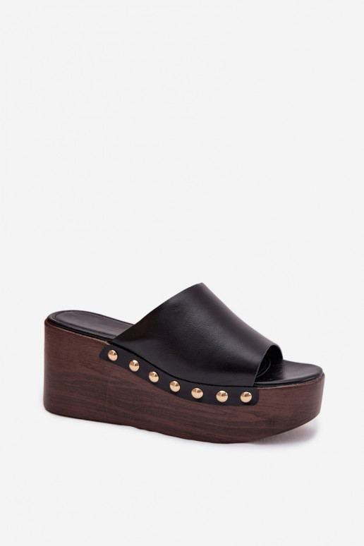 Women's Platform Wedges with Gold Buckles Black Farinelle