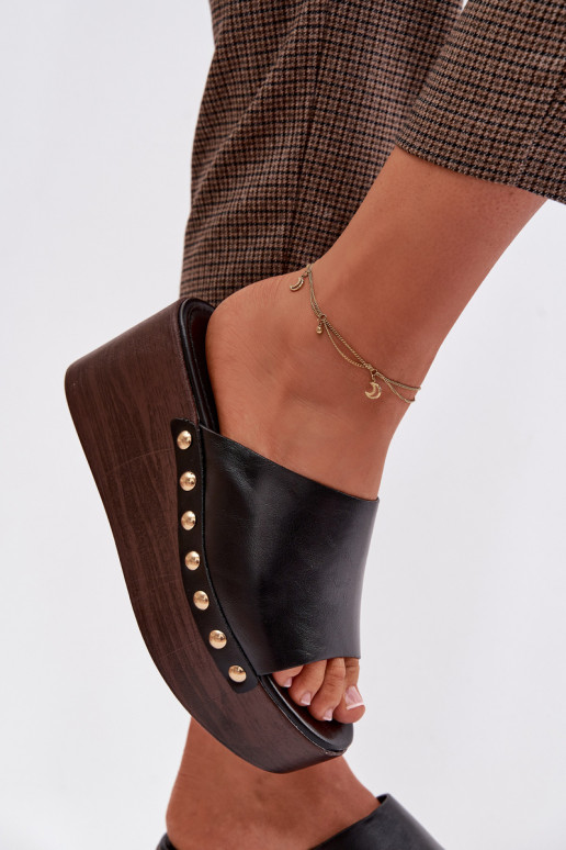 Women's Platform Wedges with Gold Buckles Black Farinelle