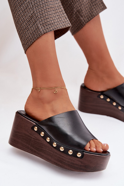 Women's Platform Wedges with Gold Buckles Black Farinelle