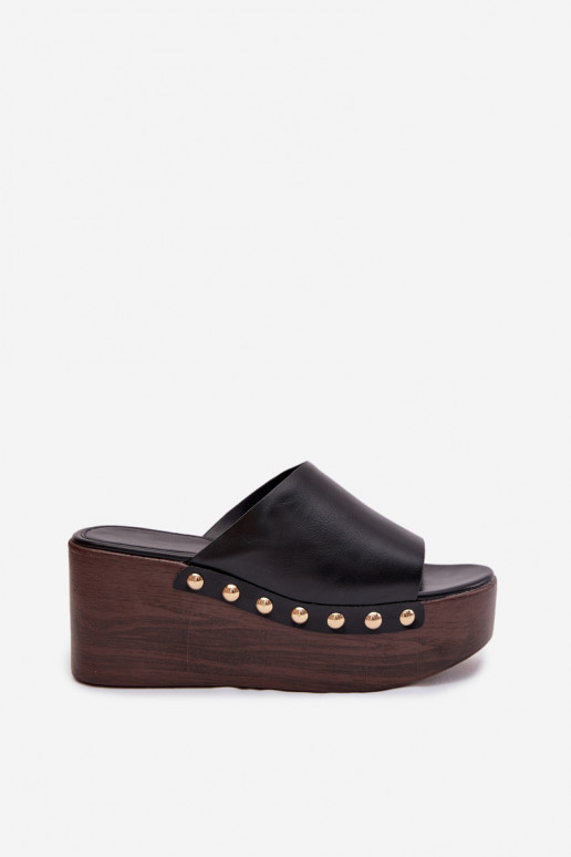 Women's Platform Wedges with Gold Buckles Black Farinelle