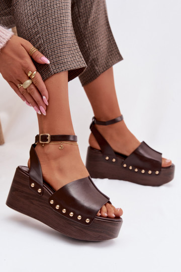 Women's Platform Sandals With Gold Buckles Chocolate Galorina