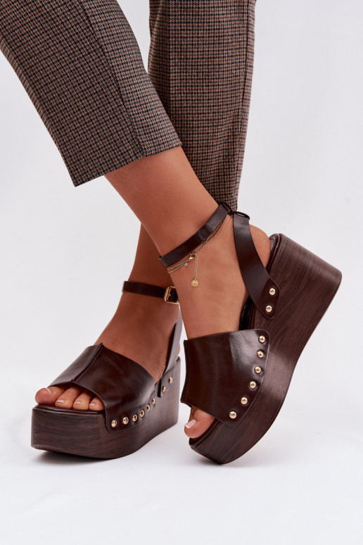 Women's Platform Sandals With Gold Buckles Chocolate Galorina