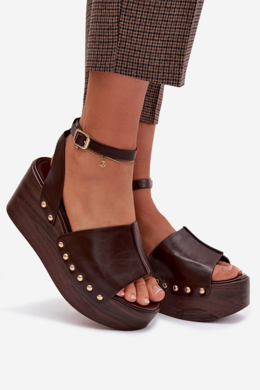 Women's Platform Sandals With Gold Buckles Chocolate Galorina