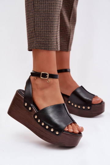 Women's Platform Sandals With Gold Buckles Black Galorina