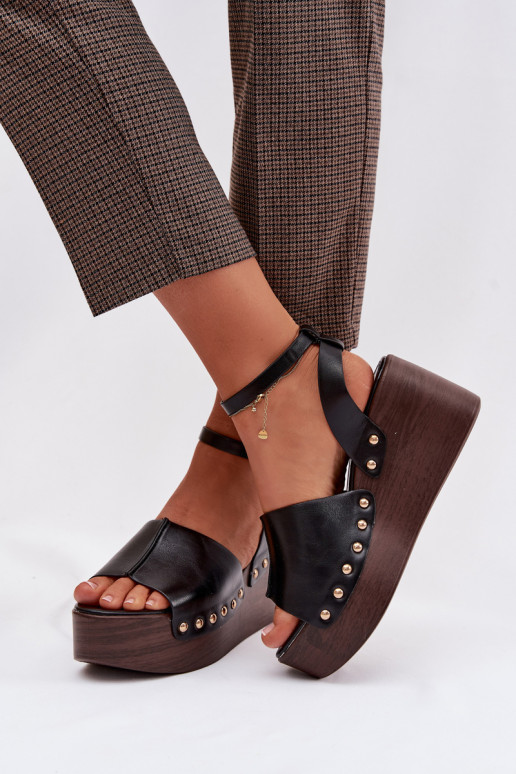 Women's Platform Sandals With Gold Buckles Black Galorina