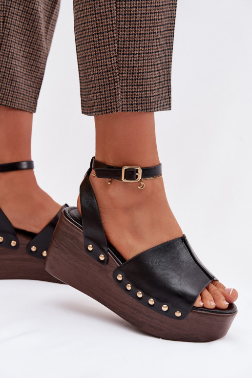 Women's Platform Sandals With Gold Buckles Black Galorina