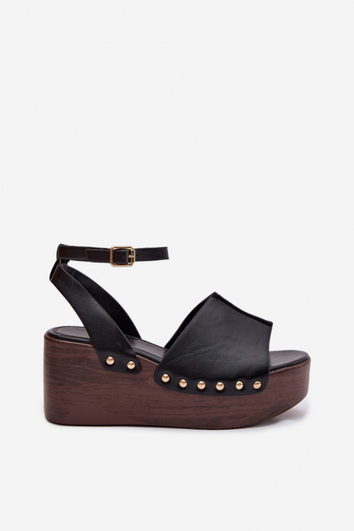 Women's Platform Sandals With Gold Buckles Black Galorina