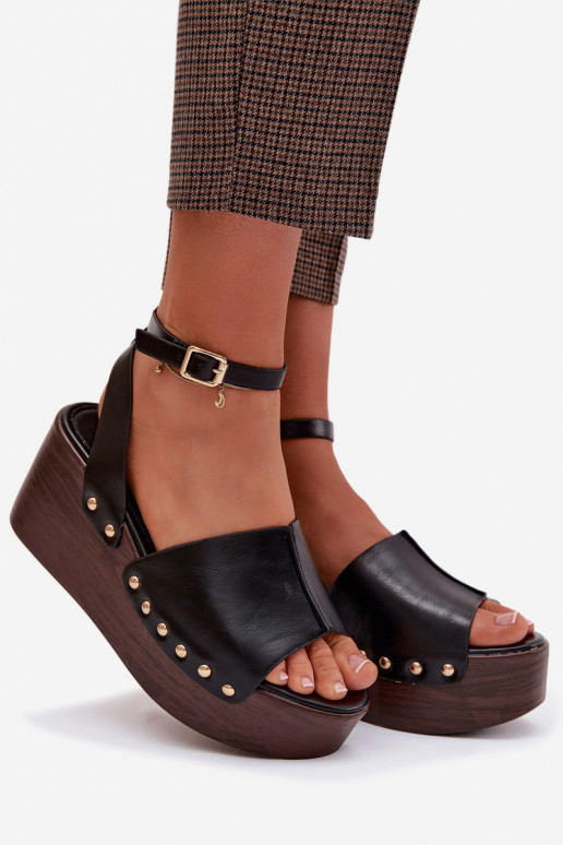Women's Platform Sandals With Gold Buckles Black Galorina