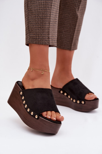 Women's Platform Sandals With Gold Buckles Eco Suede Black Helivina 2
