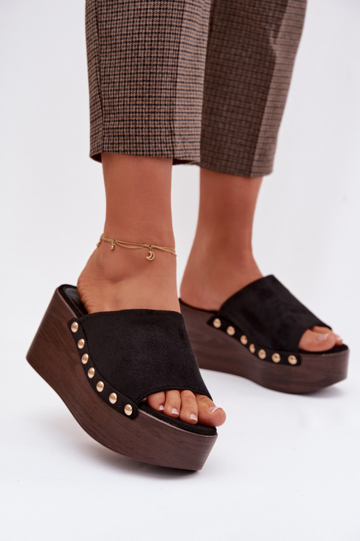 Women's Platform Sandals With Gold Buckles Eco Suede Black Helivina